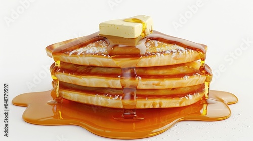 A mouthwatering 3D digital of a stack of fluffy golden pancakes drizzled with rich maple syrup and topped with a melty pat of creamy butter isolated on a clean white background