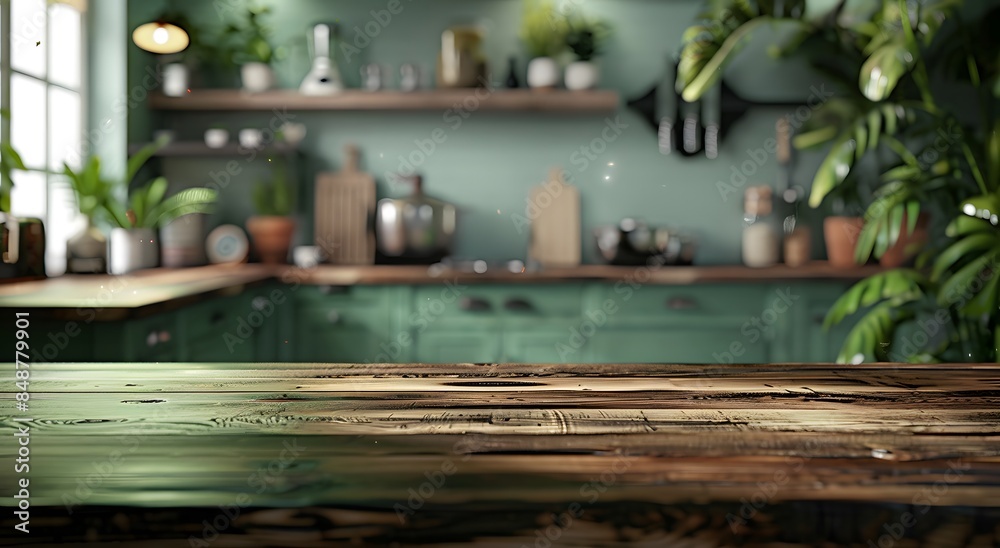 Blurred kitchen interior with a green wall and wooden countertop table for product display Blurred kitchen interior with a green wall and wooden countertop table for product display