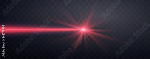 Red horizontal laser beam. Neon line, presentation pointer. Red glow flare light effect. Vector illustration. Isolated on dark transparent background.