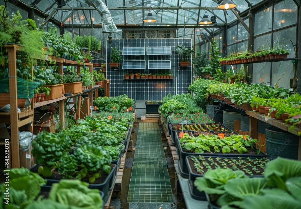 A greenhouse with a focus on sustainability, featuring solar panels and rainwater collection systems A greenhouse with a focus on sustainability, featuring solar panels and rainwater collection systems