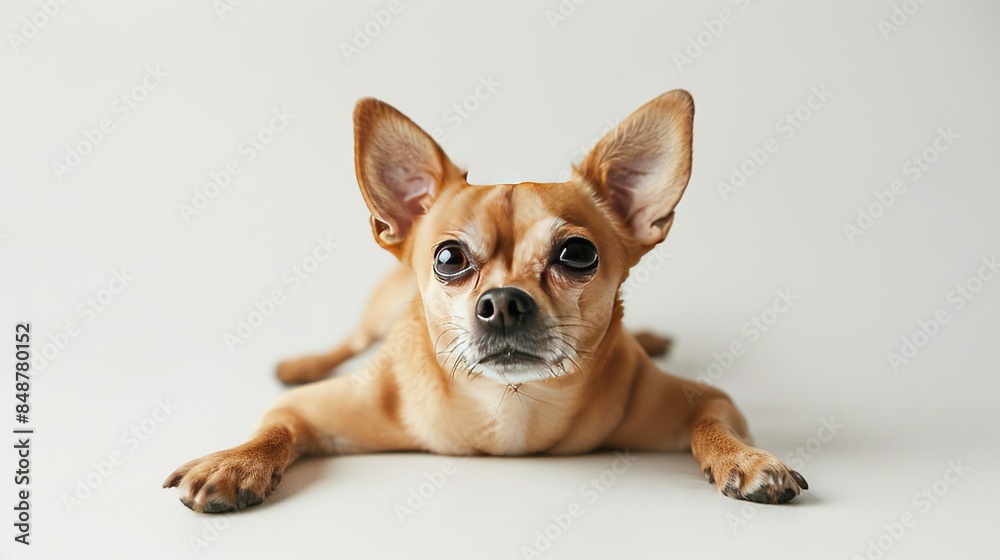 Close-up of a small dog lying on the ground with its head turned to the side and eyes open Close-up of a small dog lying on the ground with its head turned to the side and eyes open