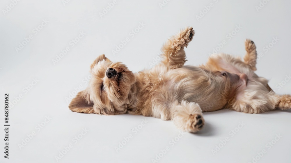A small dog lying flat on its back with all four paws extended A small dog lying flat on its back with all four paws extended