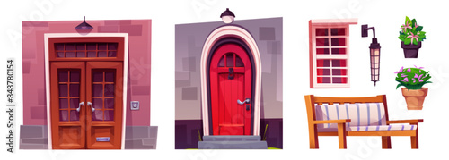 Design elements for house facade and porch. Cartoon vector illustration set of front home closed doors with brick wall, window and lantern, bench and flowers in pot. Outside building entrance doorway.