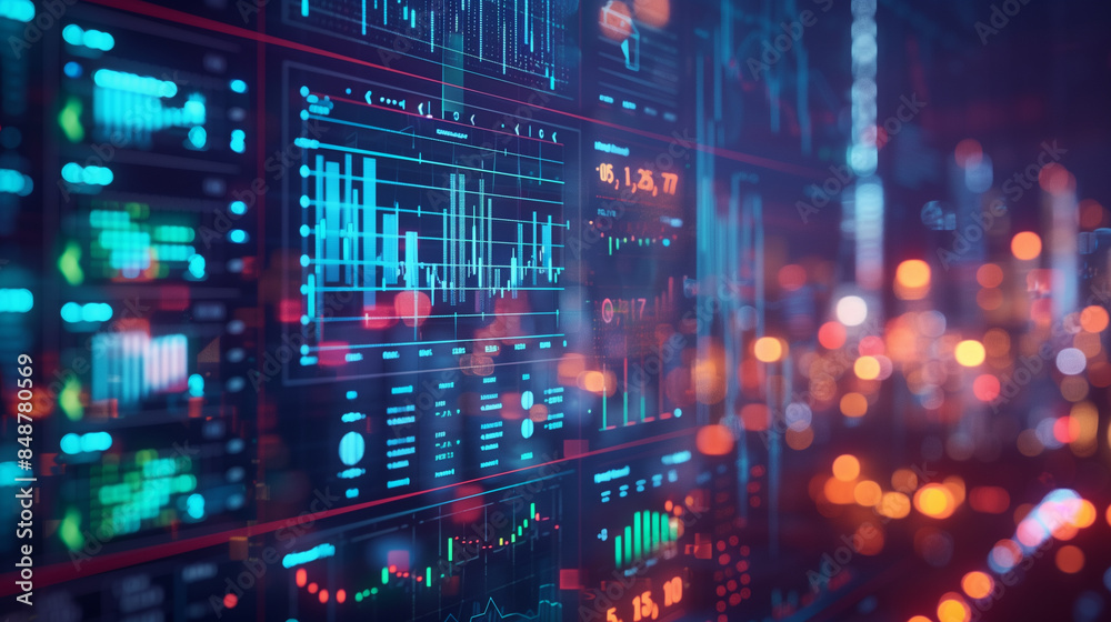 Fototapeta premium Trading screen showing energy stocks, with a backdrop of solar panels and power lines