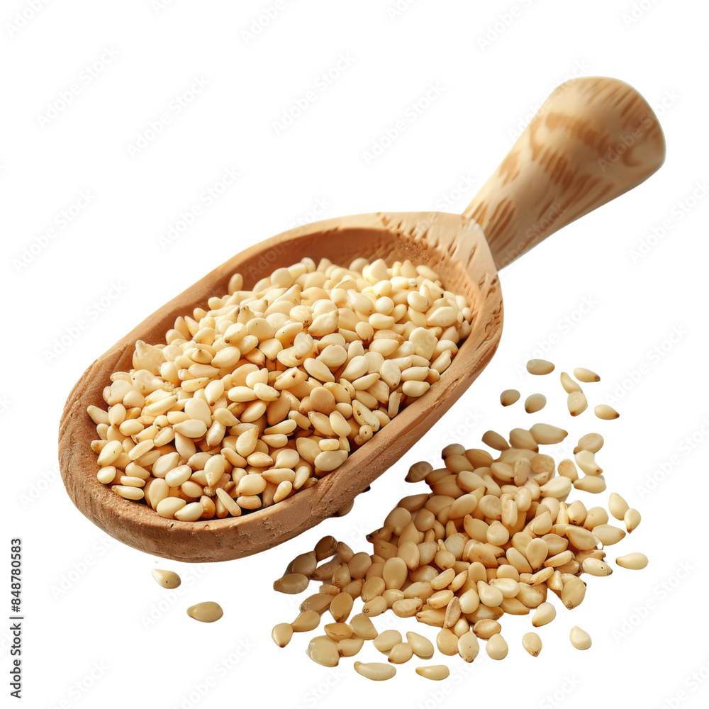Close-up of a wooden scoop filled with sesame seeds transparent background, PNG Close-up of a wooden scoop filled with sesame seeds transparent background, PNG