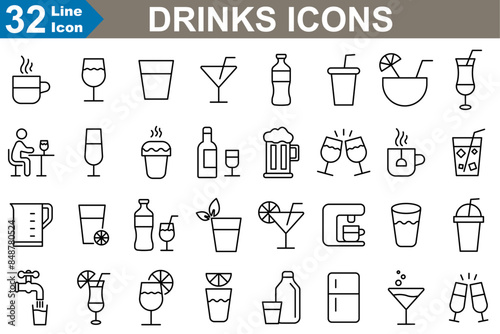 Drinks icons set vector illustrator. Last Word, pomegranate martini, Mai Thai, margarita, water jug, wine toast.modern vector style.