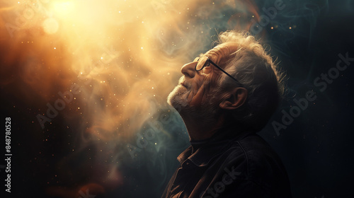 Elderly man in prayer with a radiant light above, symbolizing God's forgiveness