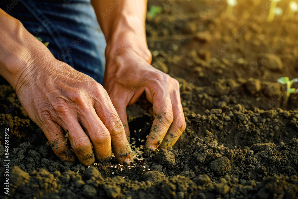 Close-up of a farmer's hands planting seeds in fertile soil, highlighting the process of cultivation