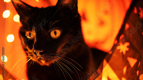 Close-up of a Halloween banner with a black cat and glowing pumpkin lights, creating a festive spooky atmosphere photo