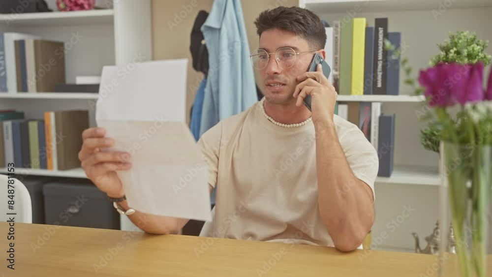 Attractive young hispanic man talking on phone while examining documents in a modern living room. Attractive young hispanic man talking on phone while examining documents in a modern living room.