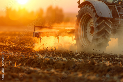 Close-up of a tractor plowing a field at sunset, creating a golden dust cloud in the warm evening light photo