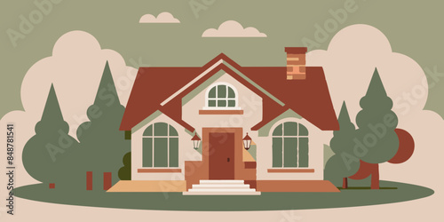 House featuring roof and windows. A house with a roof and windows, standing tall and inviting amidst a serene neighborhood.