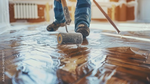 Lacquering wood floors. Worker uses a roller to coating floors. Varnishing lacquering parquet floor by paint roller - second layer. Home renovation parquet photo