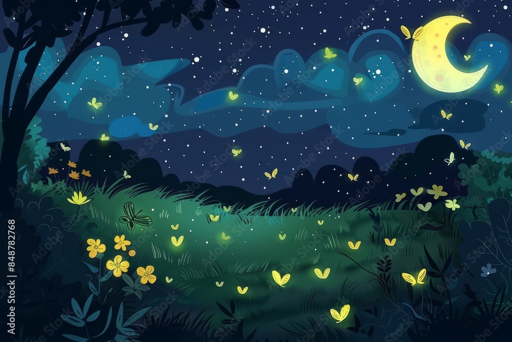 Cartoon cute doodles of a night scene with fireflies glowing in the dark, Generative AI