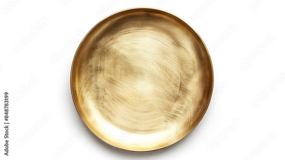 Top view of golden plate isolated on white background with clipping path Empty gold round flat plate flat lay Mock up template for food poster design : Generative AI Top view of golden plate isolated on white background with clipping path Empty gold round flat plate flat lay Mock up template for food poster design : Generative AI