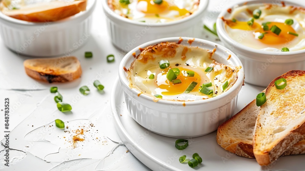 Baked eggs Eggs en cocotte with cream heese and green onion in ramekins on white background Served with warm toast for dipping Close up view : Generative AI Baked eggs Eggs en cocotte with cream heese and green onion in ramekins on white background Served with warm toast for dipping Close up view : Generative AI
