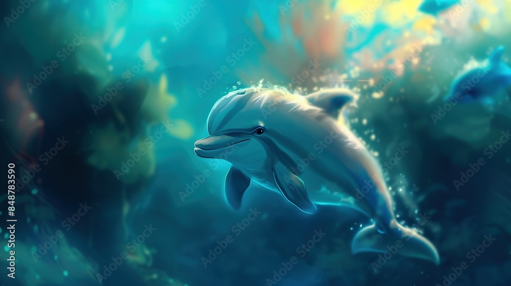 Obraz premium A painting of a dolphin swimming in water with a fish in its mouth and another dolphin in the background
