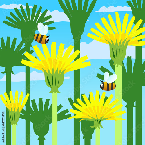 A beautiful background of blooming dandelions and bees flying nearby. Vector illustration Small fat bees do their business bee business swooping among tall grass stalks. Summer day sky and insects get