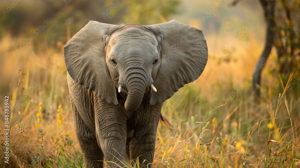 Fototapeta premium An image of an elephant standing in a field of tall grass with trees in the background and yellow flowers in the foreground