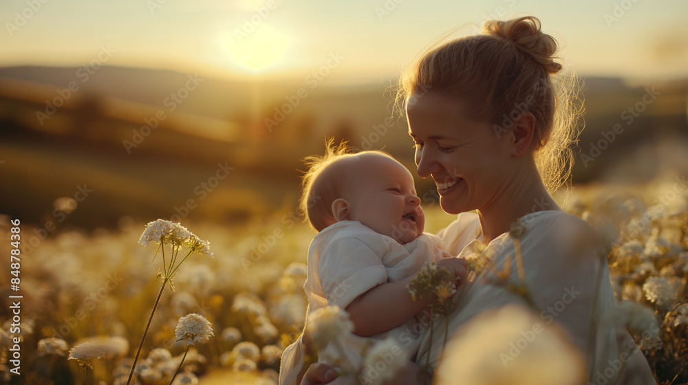 © Amiril - A mother smiles happily while holding her baby in the park,ai generates images