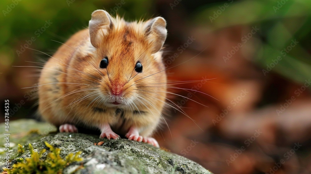   A close-up of a small rodent on a rock with moss on its back legs