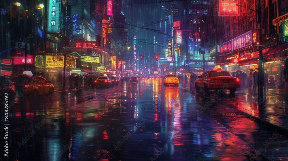 A city street packed with cars and illuminated by neon lights during a bustling night, A bustling cityscape at night with neon lights reflected off wet rain-covered streets, AI Generated A city street packed with cars and illuminated by neon lights during a bustling night, A bustling cityscape at night with neon lights reflected off wet rain-covered streets, AI Generated