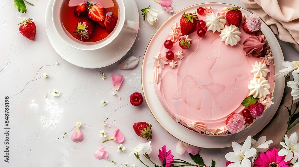 Pink mousse cake with mirror glaze meringues and berries on light background with cup of tea strawberries and flowers Sweets dessert and pastry top view : Generative AI Pink mousse cake with mirror glaze meringues and berries on light background with cup of tea strawberries and flowers Sweets dessert and pastry top view : Generative AI