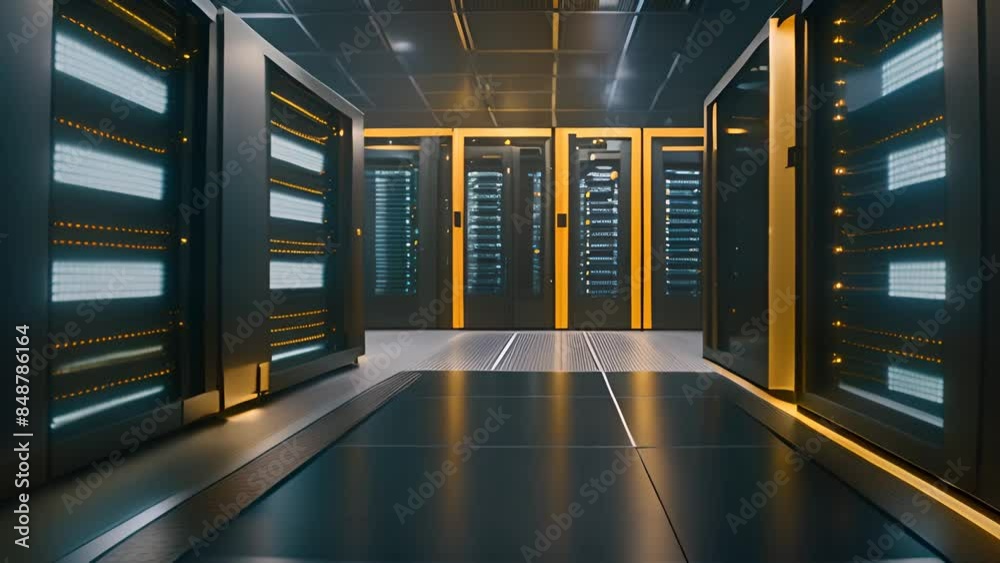 Server Room Interior With Rows of Black Cabinets Generative AI Stock ...