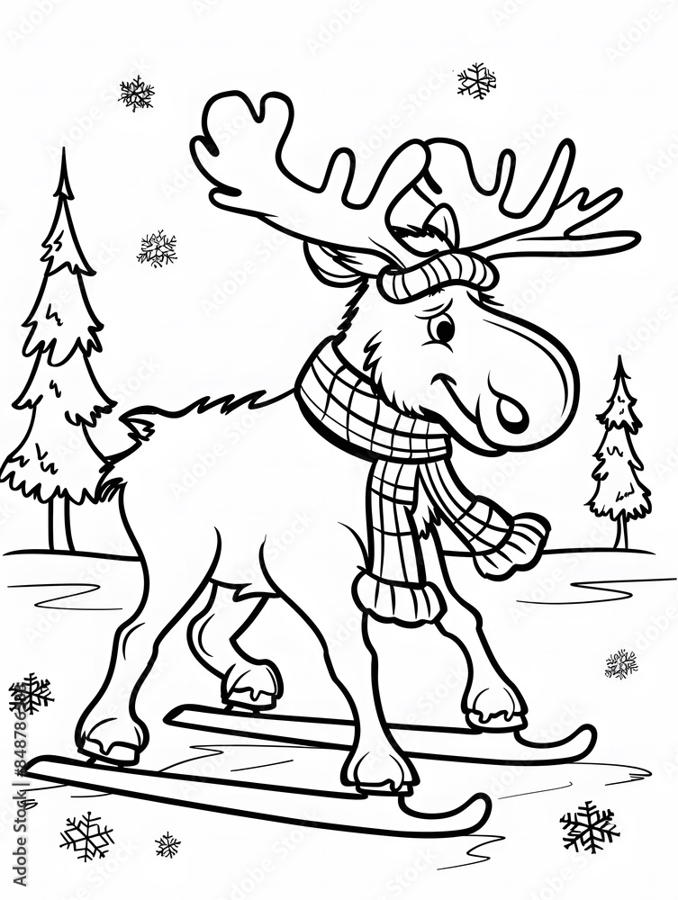 Fototapeta premium coloring page for kids, moose ice skating