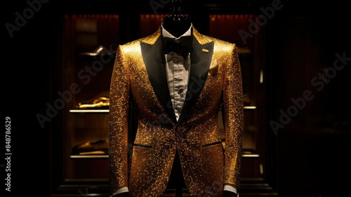 Gold suit, tuxedo displayed on mannequin Isolated on black background. © sirisakboakaew