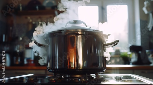 Pressure cooker on the stove, kitchen interior