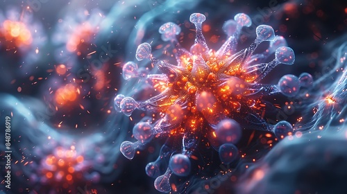 A vibrant and detailed display of a virus, in a 3D animation style with a close-up view. © Bushra