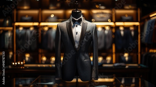 An isolated black background shows a gray suit and a tuxedo displayed on a mannequin.