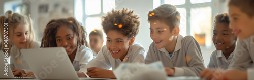 Several middle school students are studying teams in front of a laptop made by AI generated