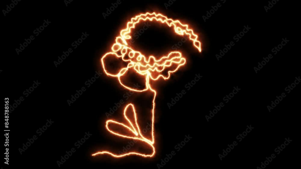 Self drawing animation one continuous line draw, logo, burning fire peony flower