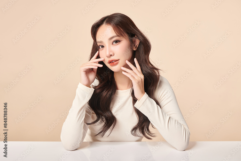 Beautiful young asian woman with clean fresh skin on beige background, Face care, Facial treatment, Cosmetology, beauty and spa, Asian women portrait. Beautiful young asian woman with clean fresh skin on beige background, Face care, Facial treatment, Cosmetology, beauty and spa, Asian women portrait.
