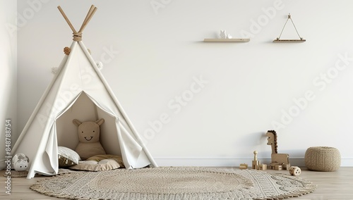 Minimalist Kids Room 3D Rendering with Animal Toys and Teepee, White Wall Background, High Resolution Stock Photo