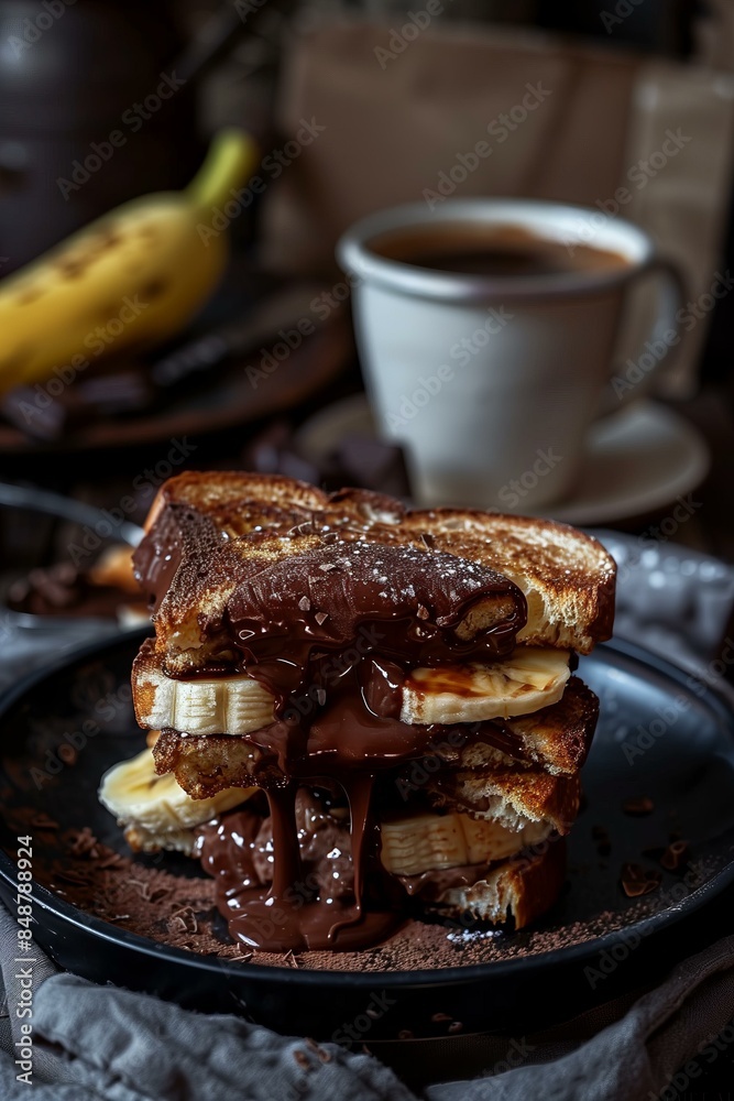 stack of chocolate and banana toast sandwiches with melted chocolate oozing out, served on a dark plate with a coffee cup in the background stack of chocolate and banana toast sandwiches with melted chocolate oozing out, served on a dark plate with a coffee cup in the background