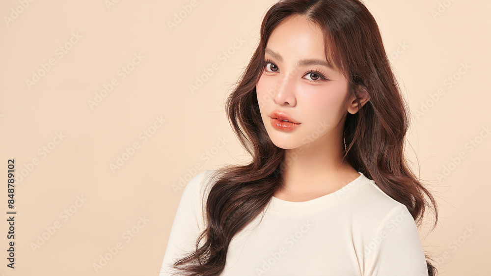 Beautiful young asian woman with clean fresh skin on beige background, Face care, Facial treatment, Cosmetology, beauty and spa, Asian women portrait. Beautiful young asian woman with clean fresh skin on beige background, Face care, Facial treatment, Cosmetology, beauty and spa, Asian women portrait.