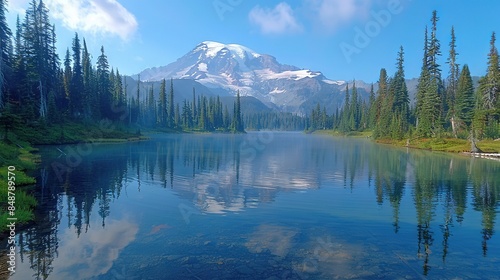  Surrounded by trees and mountains, a snow-covered lake with clouds above © Olga