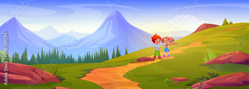 Children hiking in mountains. Vector cartoon illustration of happy boy and girl walking down footpath on green hill with stones, rocky peaks and forest trees on horizon, summer holidays adventure