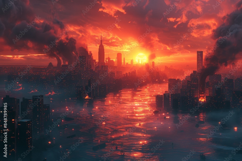 Post-apocalyptic urban sunset with a fiery red sky, flooded streets, and smoky cityscape depicting a dramatic and dystopian future city environmentapocalyptic