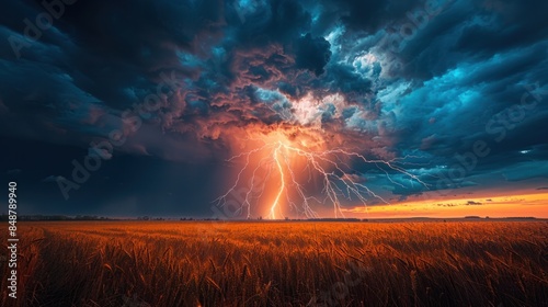 A stormy sky with lightning over a field. A lightning storm with thunderbolts during a thunderstorm © sirisakboakaew