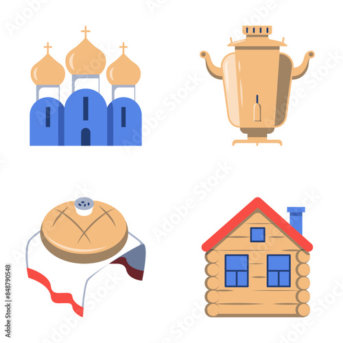 Russia traditional symbols flat icon set. Orthodox church, izba hut, samovar and karavai bread icon set. Vector illustration