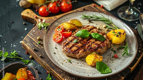 food plate table lunch dinner dish meal meat gourmet : Generative AI