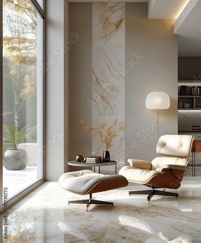 Modern luxury minimalist interior design. Aesthetic modern elegant living room design. Copy space mock up. Clean walls for decoration in the apartment. Neutral palette of natural colors.