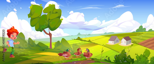 Happy boy playing with ducks on farm. Vector cartoon illustration of active child running on green summer field, cute domestic birds on grass, flowers on bushes, house in valley, rural childhood