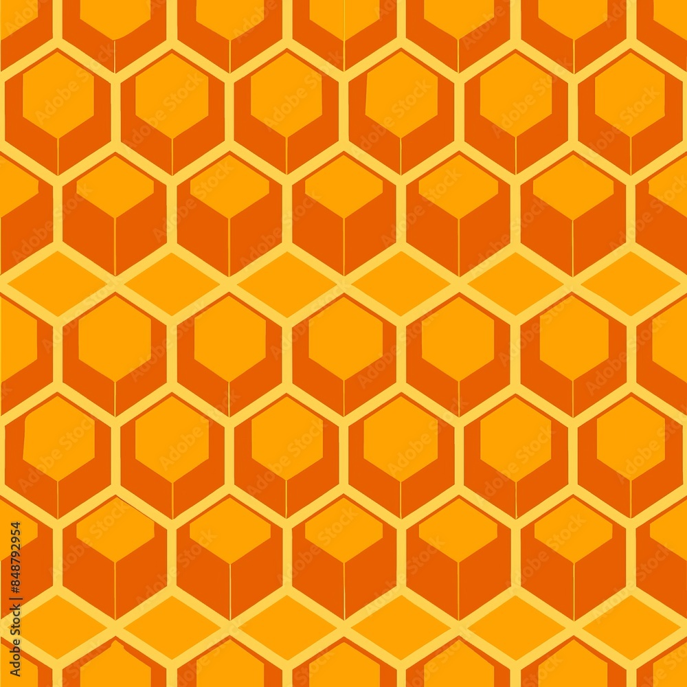 Seamless pattern of repeating hexagonal shapes arranged in a honeycomb-like grid, reminiscent of a beehive or cellular structure, Generative AI