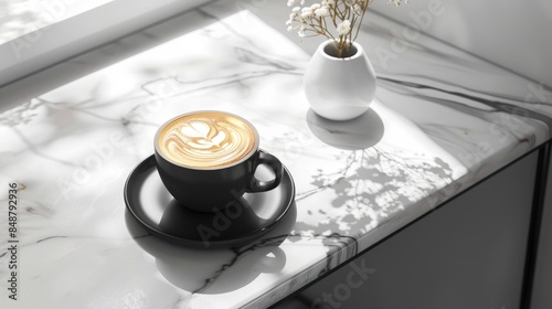 Artistic latte served on marble desk as morning beverage in cafe for work environment