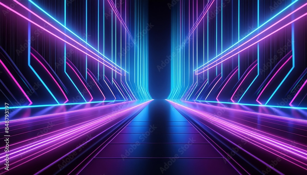 Fototapeta premium Glowing neon lines in blue and purple on a dark 3D abstract background